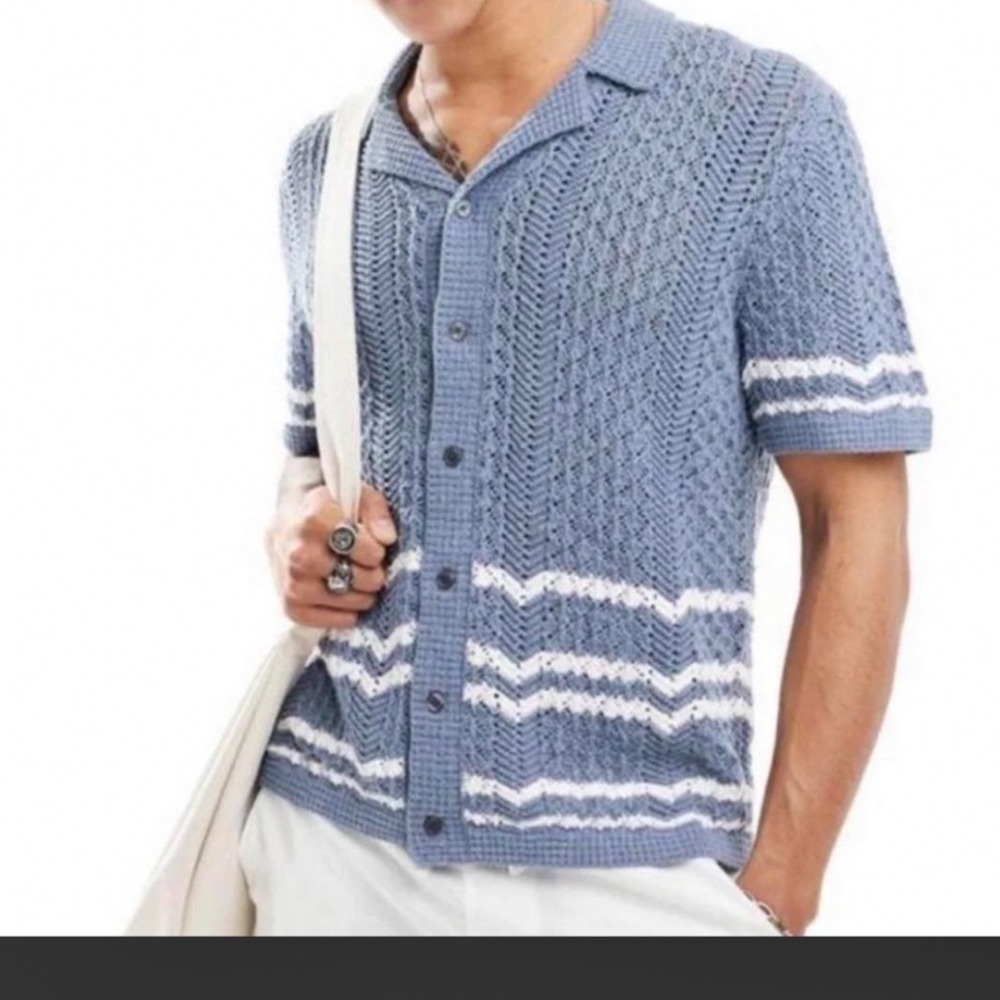Abercrombie & Fitch Knit Polo Shirt Mens Blue Crochet Chevron XS